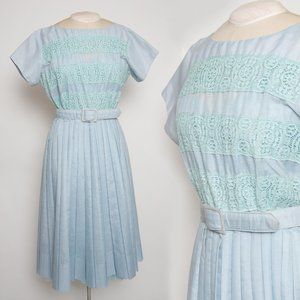 VINTAGE 1950s Dress - Sheer Blue with Belt - MED.